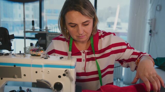 Focused seamstress works on a red fabric with a sewing machine. She wears a striped shirt and green measuring tape. Her expression shows concentration and dedication. This footage fits fashion
