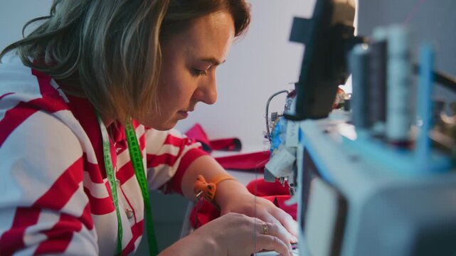 Woman focused on sewing small fabric items. She wears red-and-white striped shirt with green lanyard. Hands steady, concentrating on detailed stitching task. Scene ideal for crafting, DIY