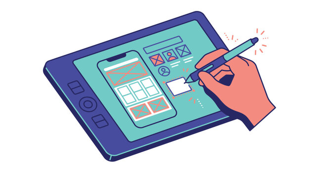 Flat vector illustration of a designer hand using a stylus pen on a digital graphics tablet to create mobile app user interface wireframes