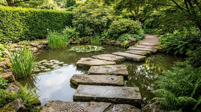 beautiful decorative stepping stones crossing peaceful garden pond near hedge