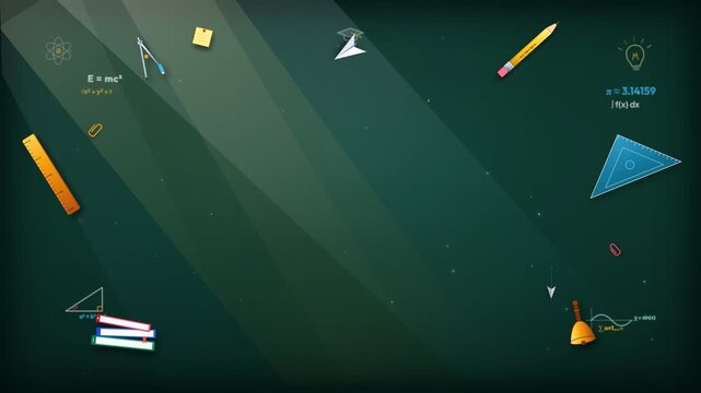 Looped motion background for back to school theme featuring flying paper airplanes, stationery supplies, books, and math formulas on a green blackboard with copy space.