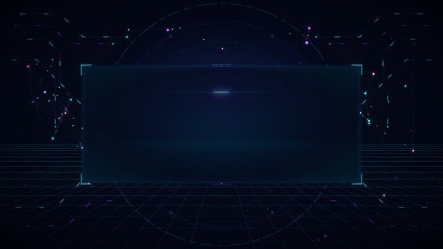 Looping clean artificial intelligence background featuring a futuristic HUD display frame, neon grid lines, and glowing plexus nodes for sci-fi cyber tech presentations.