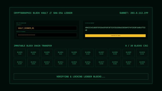 Cybersecurity terminal interface displaying cryptographic block vault and ledger data transfer.