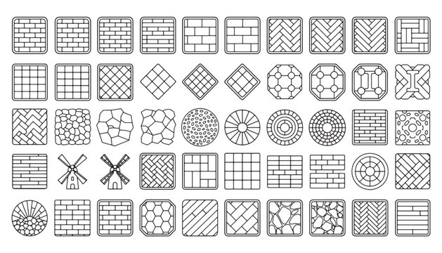 Architectural pavement hatch swatches set featuring interlocking pavers windmill icons radial cobblestones octagonal tiles and flagstone line art vector