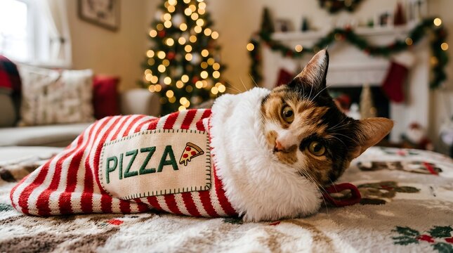 Festive calico cat relaxes on a pizza print blanket near a decorated christmas tree
