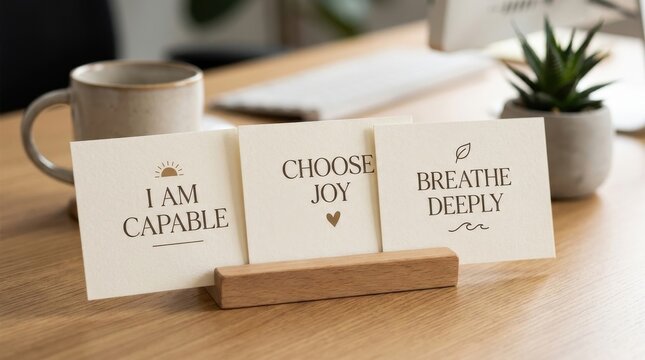 Positive Affirmations Mindset: Inspirational affirmation cards arranged neatly for a daily self motivation routine