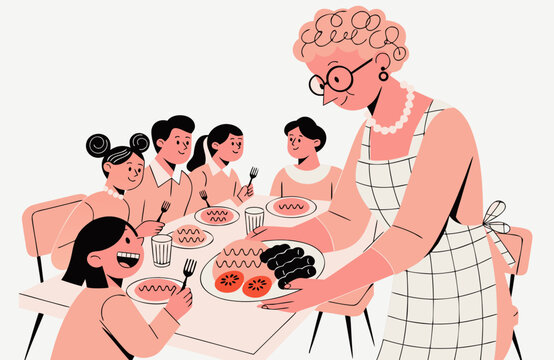 Everyday family life with different generations sharing dinner at home, showing grandmother serving food, family bonding, togetherness and joyful mealtime