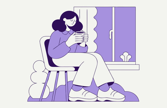 Mental wellbeing concept with tired woman sitting by window and holding warm drink, illustrating quiet end-of-day fatigue, relaxation, solitude and emotional recovery