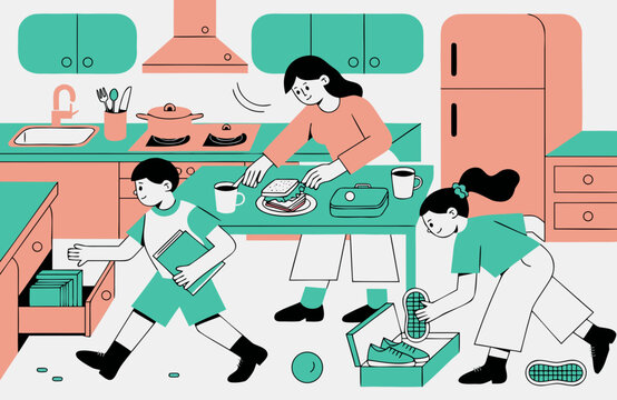 Everyday family life with mother and children preparing for school in busy kitchen, illustrating slightly chaotic morning routine, breakfast, multitasking and parenting
