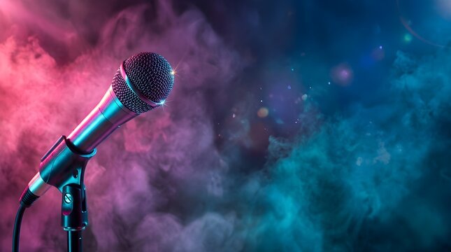 Professional microphone on stage with colorful smoke and concert lights background
