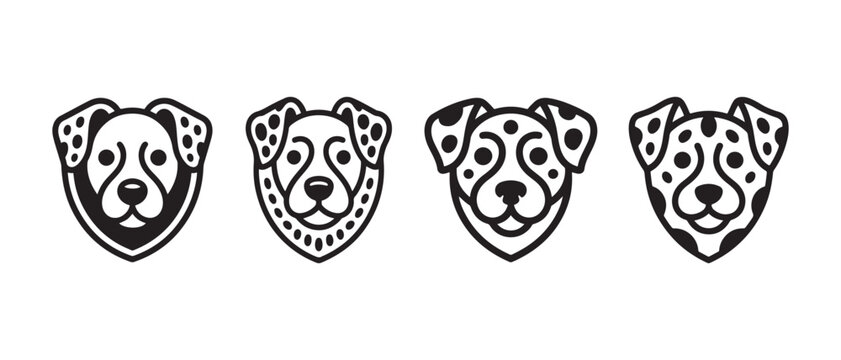 Dog Face Icon Set with Four Distinct Canine Portraits in Black and White Badge Style.