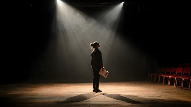 A young actress stands alone in the center of a dark theater stage, bathed in bright overhead spotlights, holding a script and looking up with anticipation before her performance