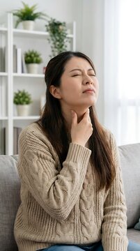 Young asian woman sitting on a grey sofa in a living room, holding her throat with a painful expression