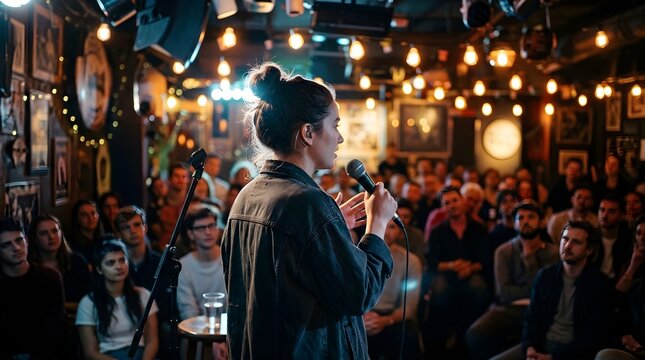 Female comedian performing stand up comedy routine with microphone on stage in front of audience in club