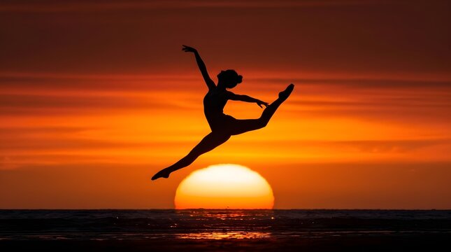 Silhouette of a graceful ballerina performing a high leap against a radiant golden sunset over the ocean horizon