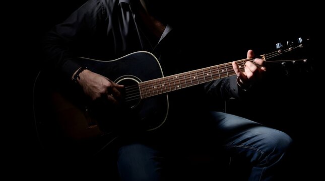 Close up of a musician playing an acoustic guitar in a dark studio setting with dramatic shadows