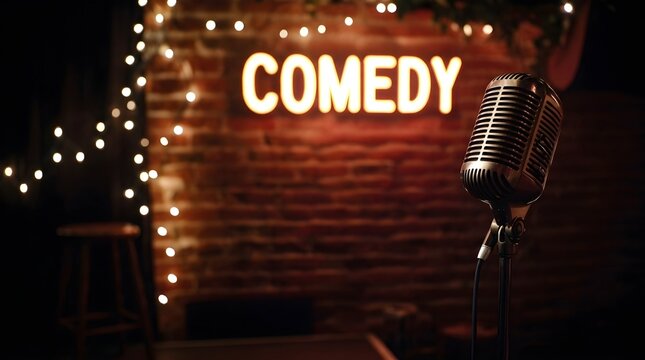 Vintage Microphone on Stand in Stand Up Comedy Club Stage with Glowing Neon Sign