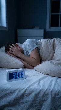 Man lying in bed awake at night holding his head in his hands next to a digital alarm clock sleep insomnia