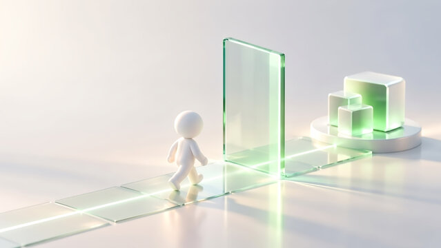 透明なゲートに向かって歩く白い3D人物とデジタル変革や新しいステージへの移行を表現した未来のテクノロジーイメージ