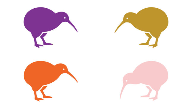 Colorful kiwi bird silhouettes arranged in pop art style grid featuring vibrant pastel hues