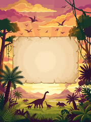 Dinosaur Family on Dinosaur Habitat Sunset Scene with Scroll Frame © Maftuh