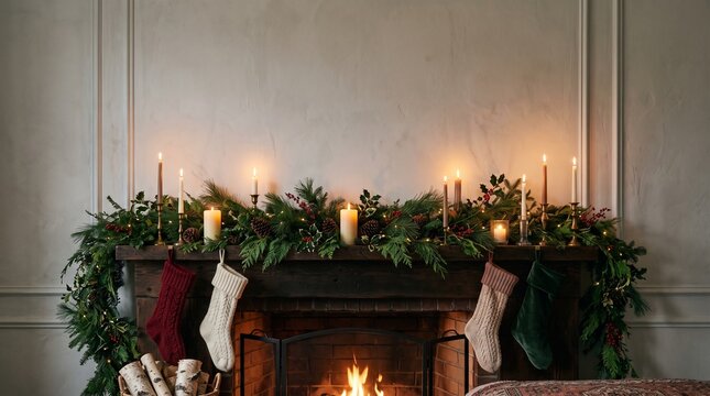Christmas fireplace mantle with stockings and candles for festive holiday home decor interior
