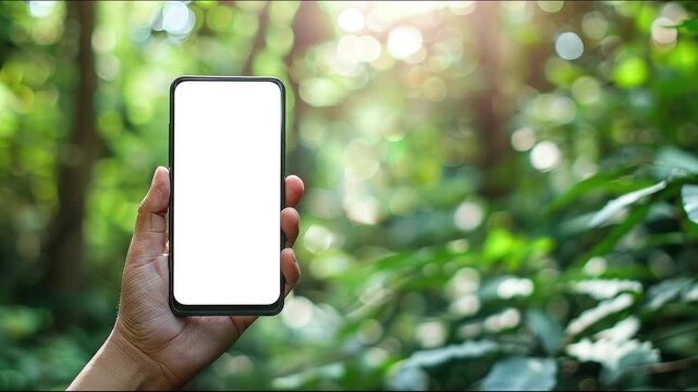 Blank white smartphone screen mockup held in hand with sunny green forest bokeh background copy space