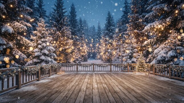 Snowy wooden patio overlooking a glowing holiday forest with deck