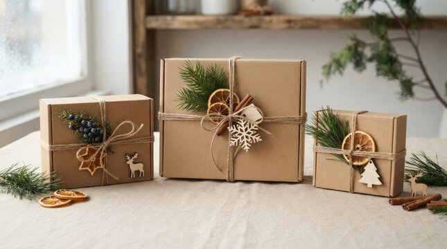Natural christmas gift boxes wrapped in brown paper with dried fruit and evergreen sprigs