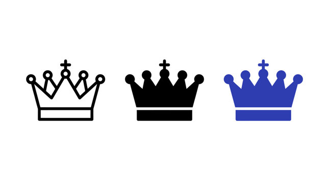 Set of Three Royal Crown Icons Featuring Distinctive Line and Solid Styles