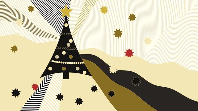 animated abstract holiday scene, color changing Christmas tree surrounded by swirling retro patterns and floating star shapes, loopable animation