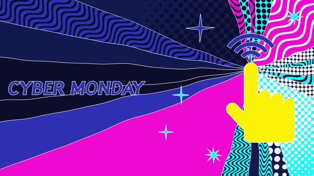 Cyber monday, yellow hand tapping an icon with pulsing wifi waves against a dynamic colorful background, vibrant pop art animation