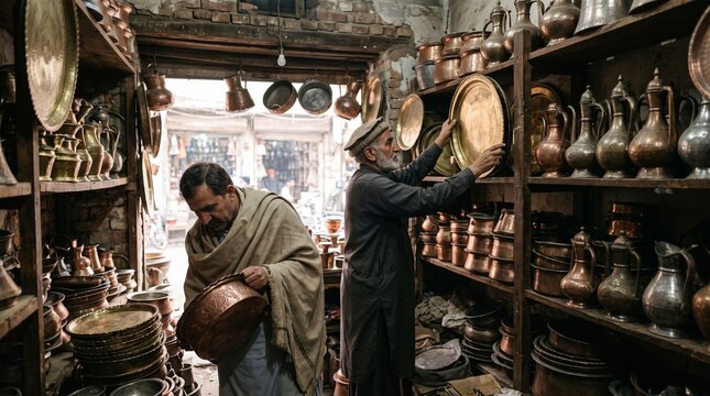 traditional  coppersmith shop in peshawar qissa khwani bazaar