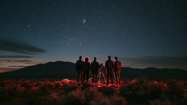 Adult astronomy enthusiasts using portable telescope under Carson City desert night sky showcasing dark sky leisure and astronomy education