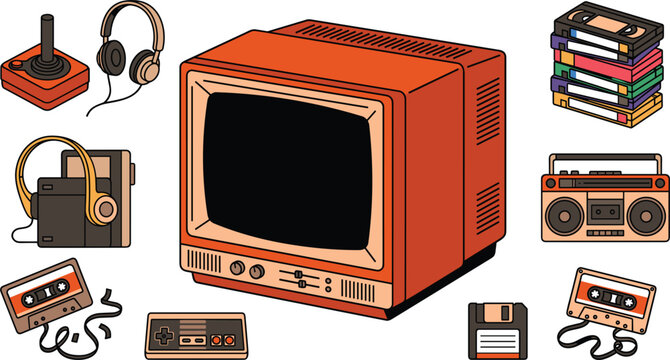 Retro Eighties Technology Vector Icon Set Featuring CRT Television Joystick Gamepad Walkman Headphones Cassette Tapes VHS Stacks and Floppy Disk Graphic Designs