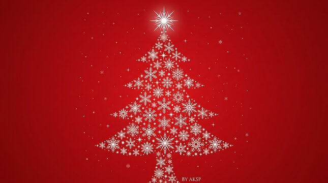 Decorative pixel art christmas tree with sparkling snowflakes on red background
