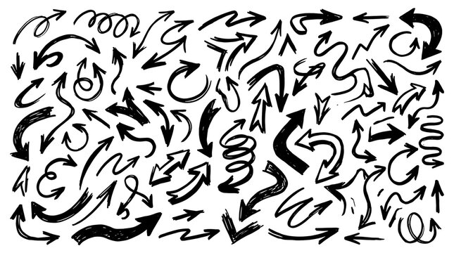 Hand drawn arrows collection set, sketchy doodle pointer symbols isolated on white background
