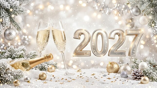 Elegant new year 2027 celebration design with pine branches and snowflakes