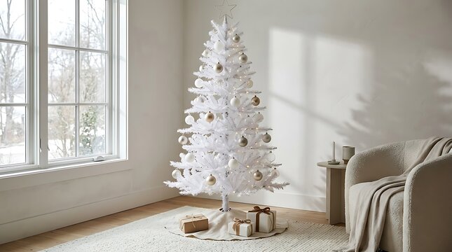 Elegant white christmas tree decorated with silver ornaments in cozy living room