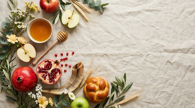 Fresh apples, pomegranate seeds, honey, and herbs on neutral background