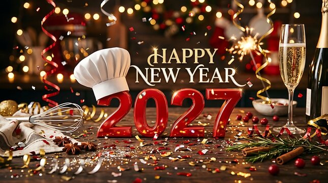 Happy new year 2027 celebration with chef hat, champagne, and confetti