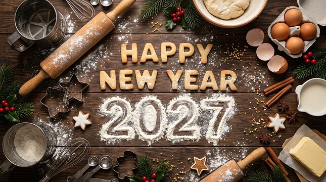 Happy new year 2027 celebration with baking ingredients and tools on rustic wooden table