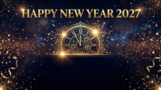 Happy new year 2027 celebration with glowing clock and fireworks background