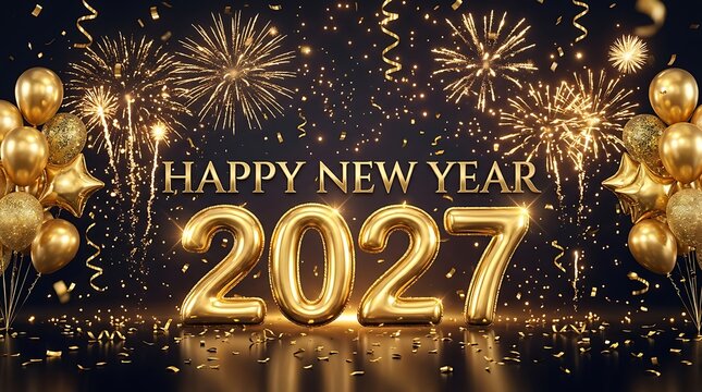 Happy new year 2027 celebration with golden fireworks and confetti