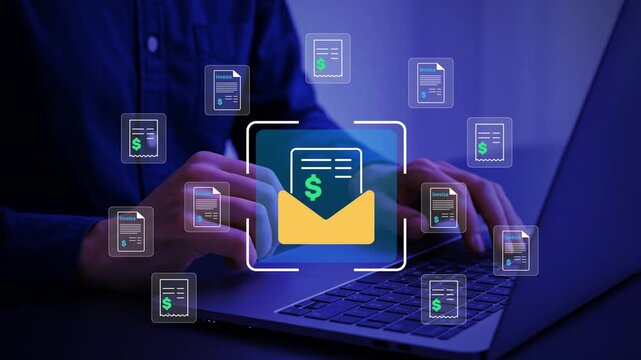 Invoicing management with electronic invoice documents and digital billing interface, business professional managing payment, accounting records and financial workflow on laptop in modern office