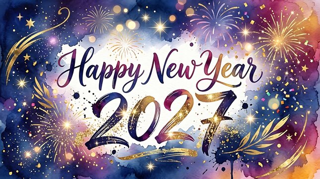 Happy new year 2027 festive celebration with fireworks and stars