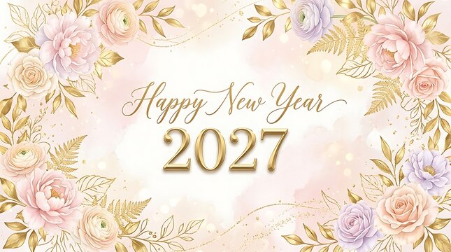 Happy new year 2027 greeting card with floral leaves background