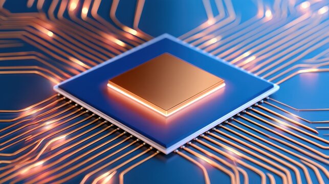 Glowing golden microprocessor chip centered on blue circuit board with pulsing copper traces and illuminated data pathways technology concept