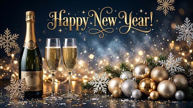 Happy new year celebration with champagne toast and festive decorations