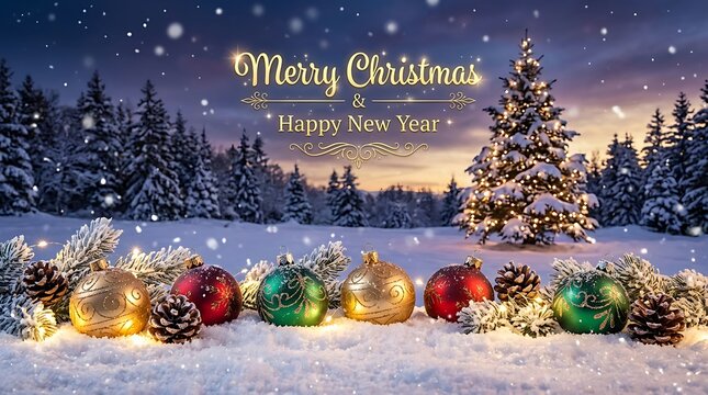 Merry christmas and happy new year festive scene with decorated trees and gifts in snowy forest